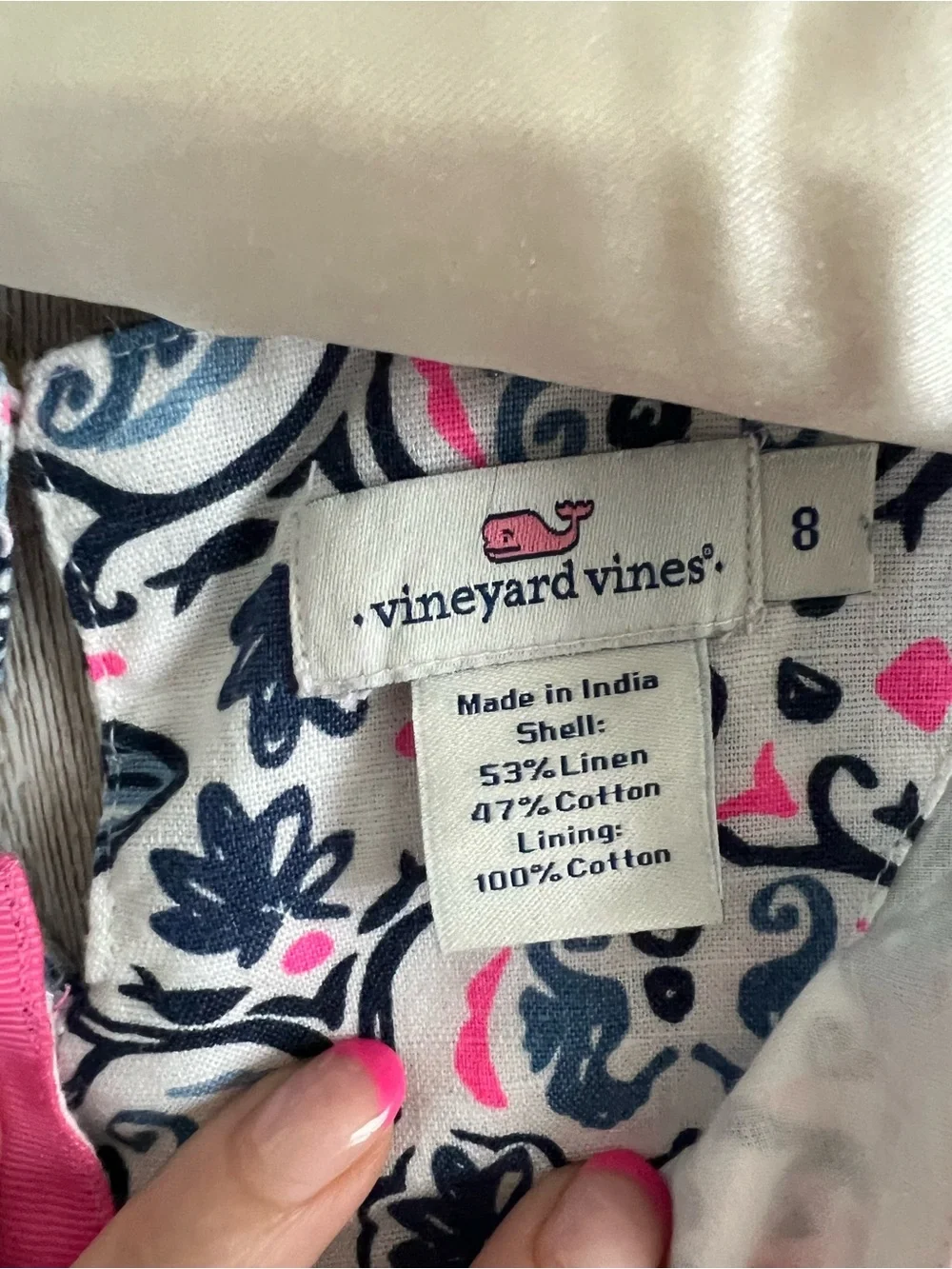 Vineyard Vines Girls White Navy and Pink Printed Nautical Seashell Linen Dress 8